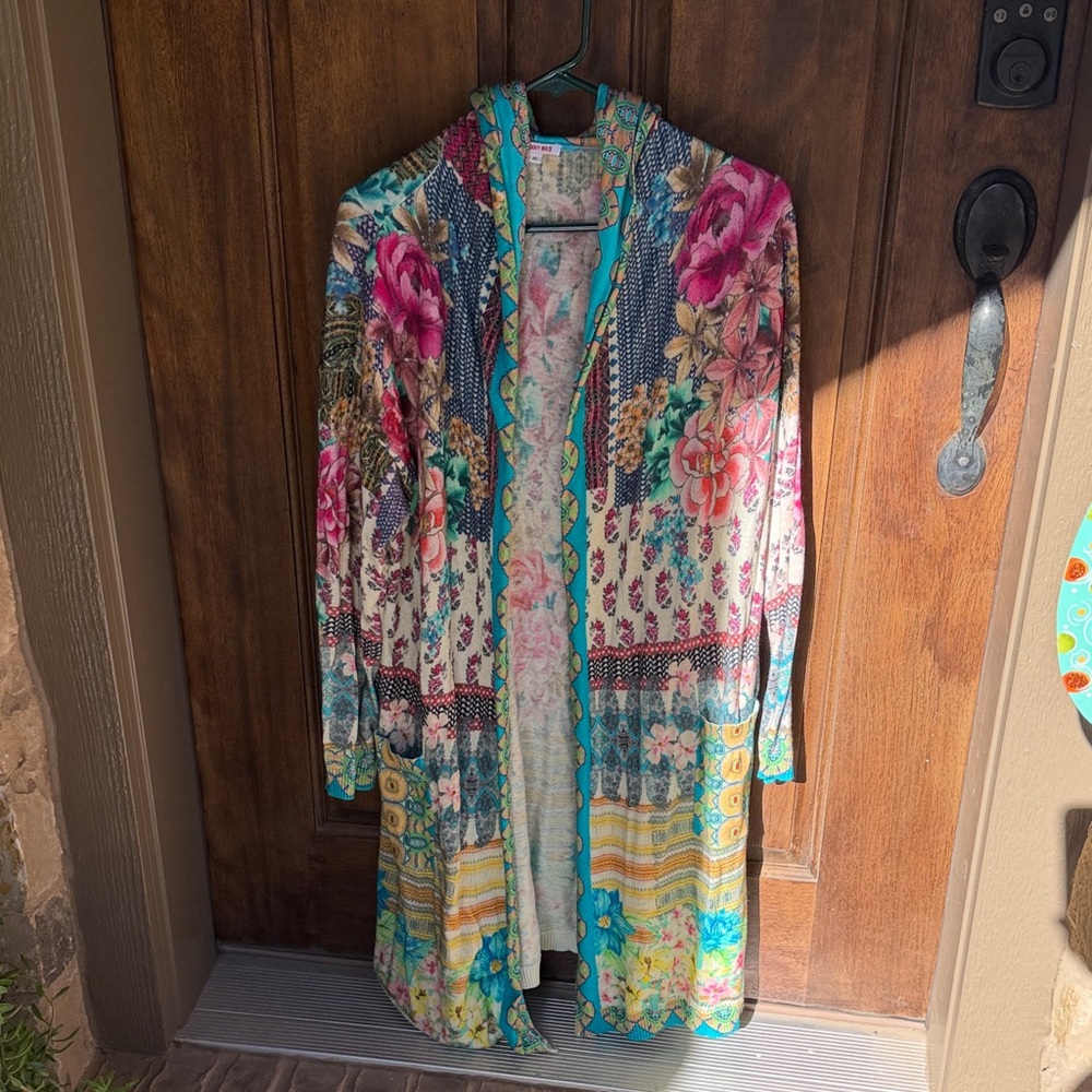 Johnny Was Colorful Patterned Knit Hooded Cardigan